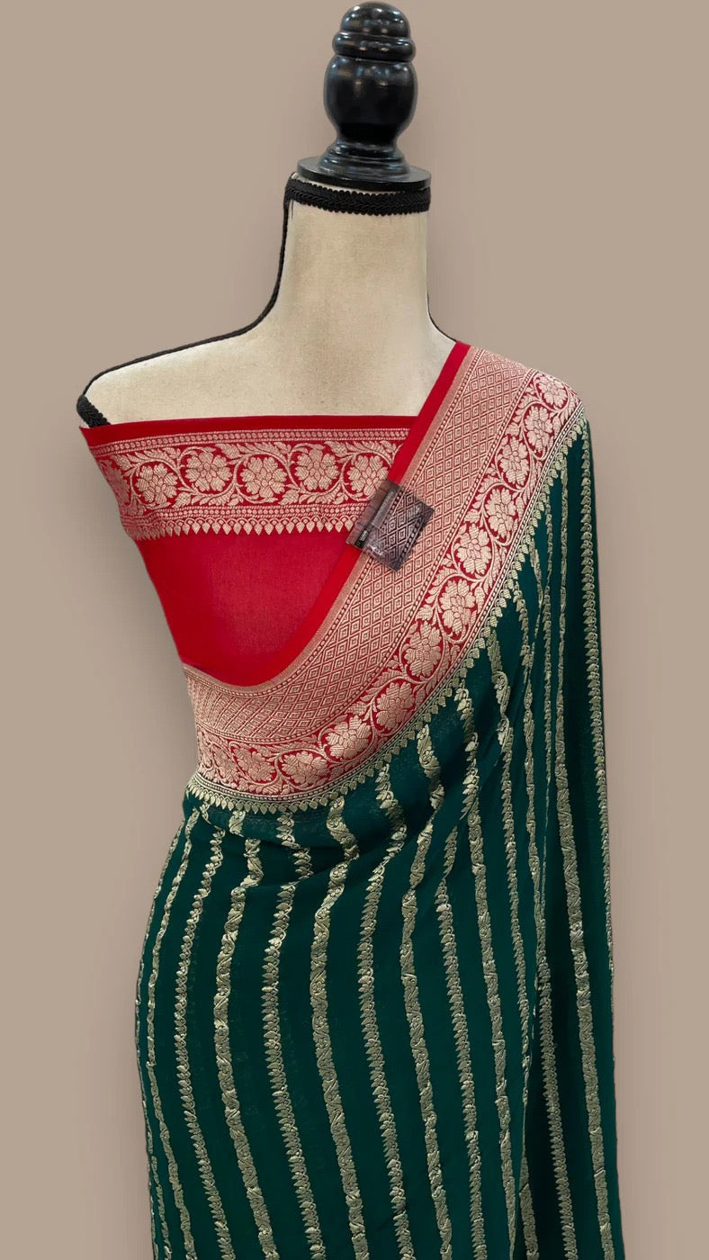 Banarsi saree water Zari Khaddi Gorgette saree blouse - Saffronfashionindia