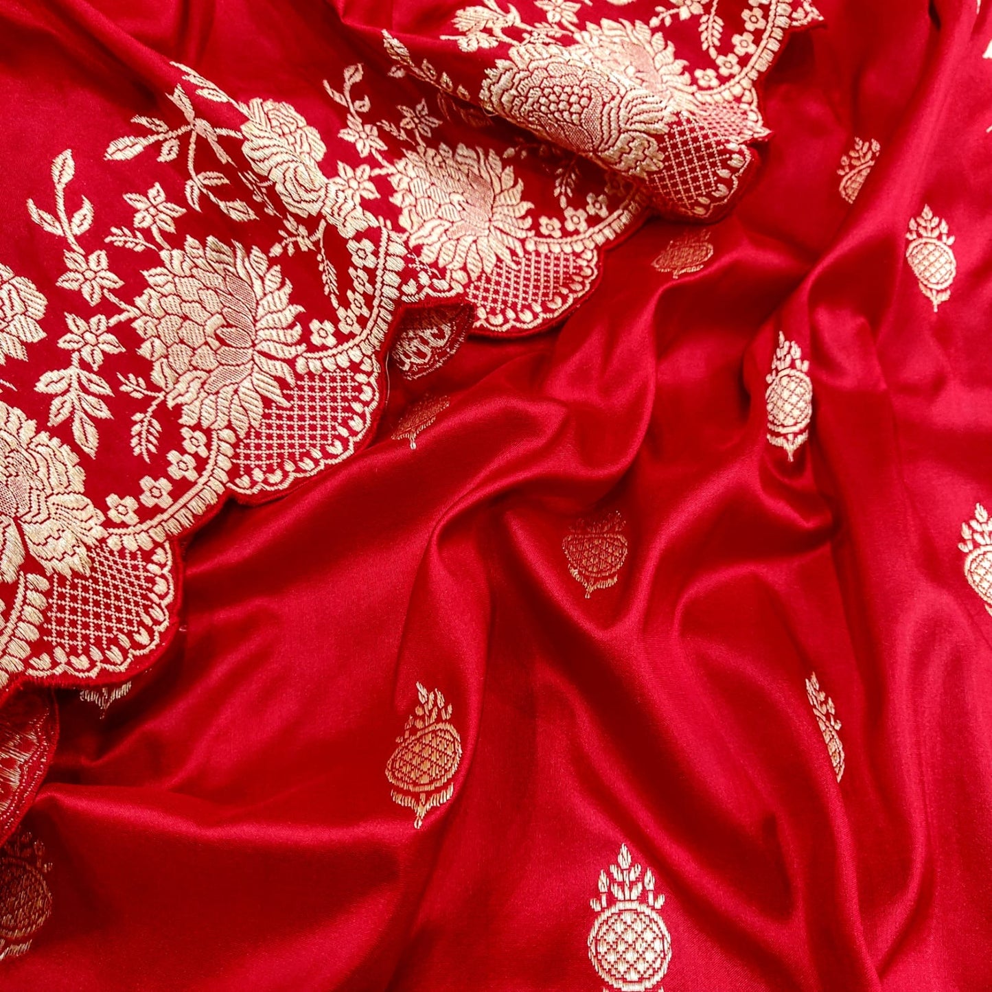 Bridal inspired red Katan saree - Saffronfashionindia