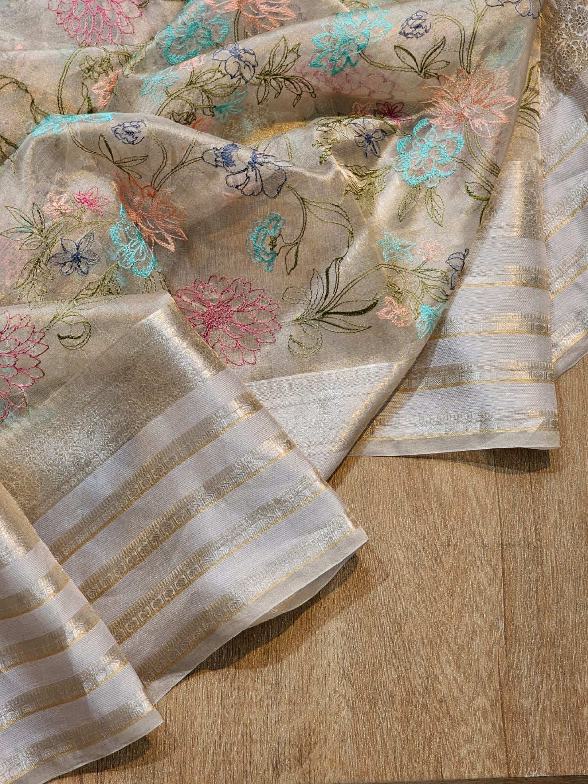 Embroidery Tissue Katan Silk Organza Saree - Saffronfashionindia