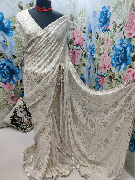 White sequence saree Indian saree party wear sari blouse - Saffronfashionindia