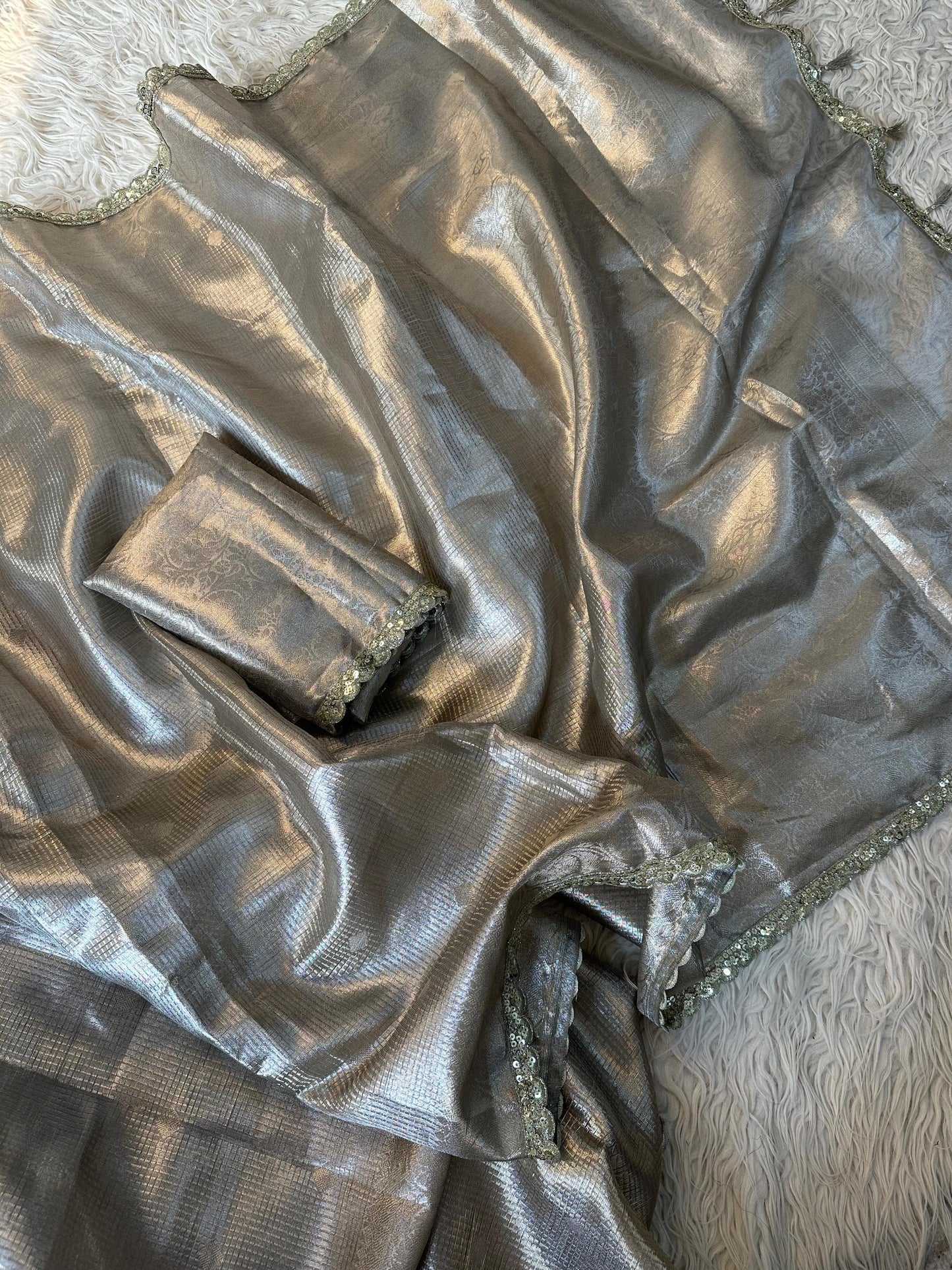 Almond Banarsi tissue silk saree Sexy sari - Saffronfashionindia