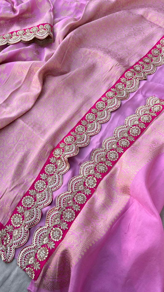 Pink Bordered Munga Silk Banarsi Weaved Saree - Saffronfashionindia