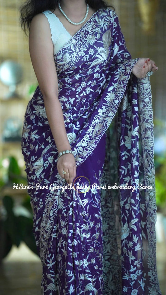 Purple Royal Rich Wmbroidered Parsi Saree - Saffronfashionindia