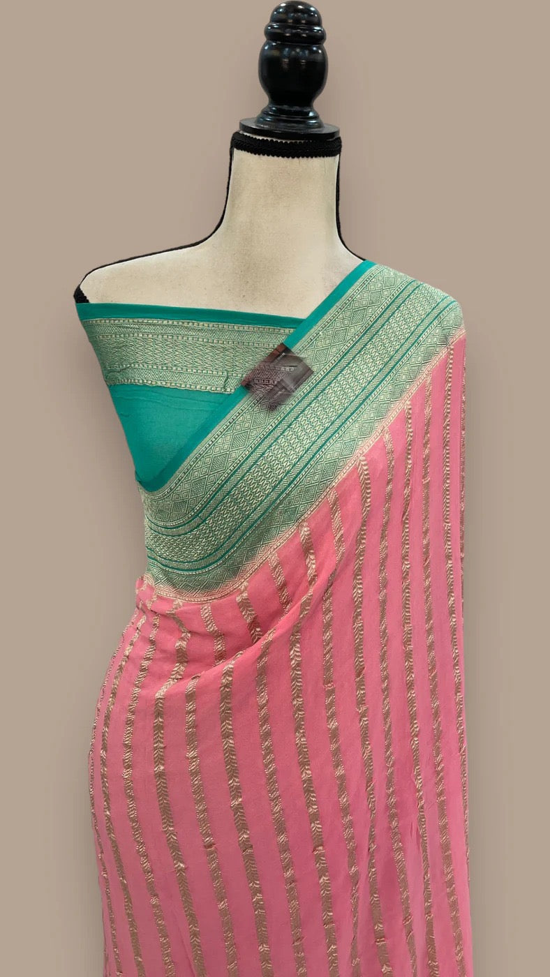 Banarsi saree water Zari Khaddi Gorgette saree blouse - Saffronfashionindia