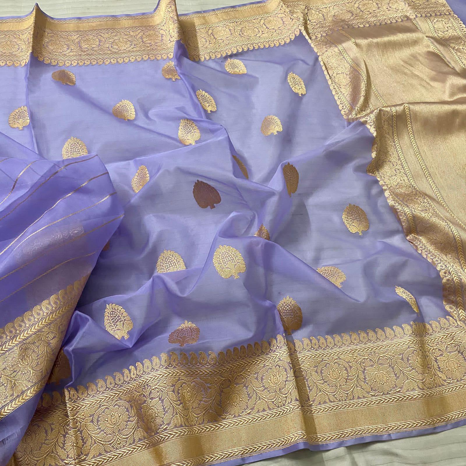Lavender kora saree Banarsi saree Indian sari blouse - Saffronfashionindia