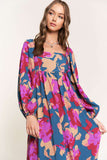 Multicolor Boho Floral Print Square Neck Ruffle Maxit Dress