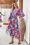 Multicolor Boho Floral Print Square Neck Ruffle Maxit Dress