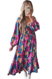 Multicolor Boho Floral Print Square Neck Ruffle Maxit Dress