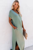 Grass Green Solid Color Hidden Pocket V Neck Slit Maxi Dress