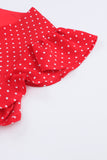 Red Polka Dot V Neck Ruffle Shoulder Short Dress