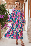 Multicolor Boho Floral Print Square Neck Ruffle Maxit Dress