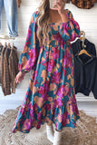 Multicolor Boho Floral Print Square Neck Ruffle Maxit Dress