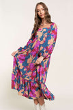 Multicolor Boho Floral Print Square Neck Ruffle Maxit Dress