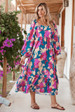 Multicolor Boho Floral Print Square Neck Ruffle Maxit Dress