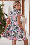 Pink Floral Print Wavy Embellished V Neck Mini Dress