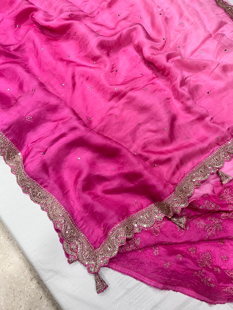 Pink shaded satin organza sari - Saffronfashionindia