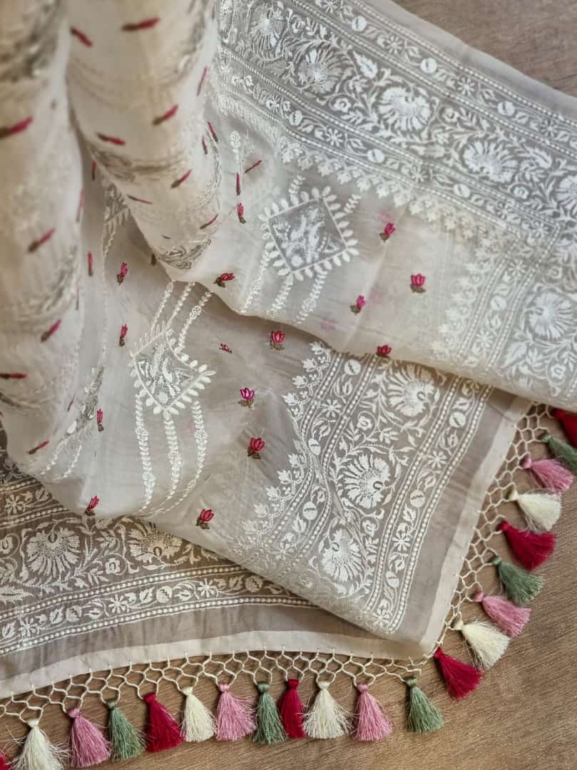 Embroidered white organza silk sarees - Saffronfashionindia
