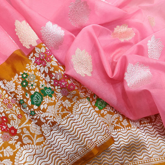 Pink kora handwoven kadwa saree - Saffronfashionindia