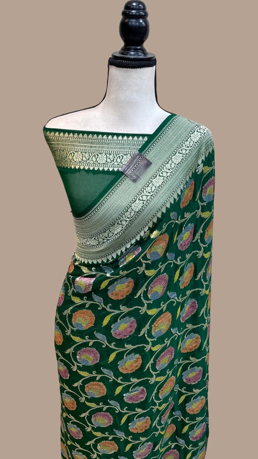 Banarsi khaddi handloom gorgette saree - Saffronfashionindia