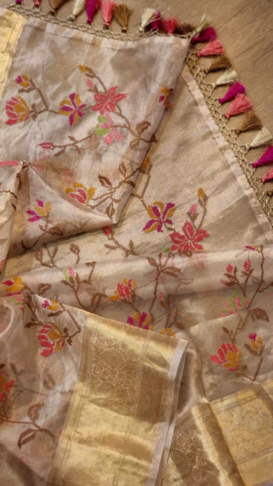 Embroidered tissue silk organza sari - Saffronfashionindia