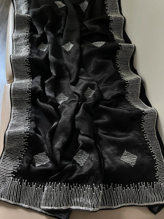 Satin katdana gorgette saree - Saffronfashionindia