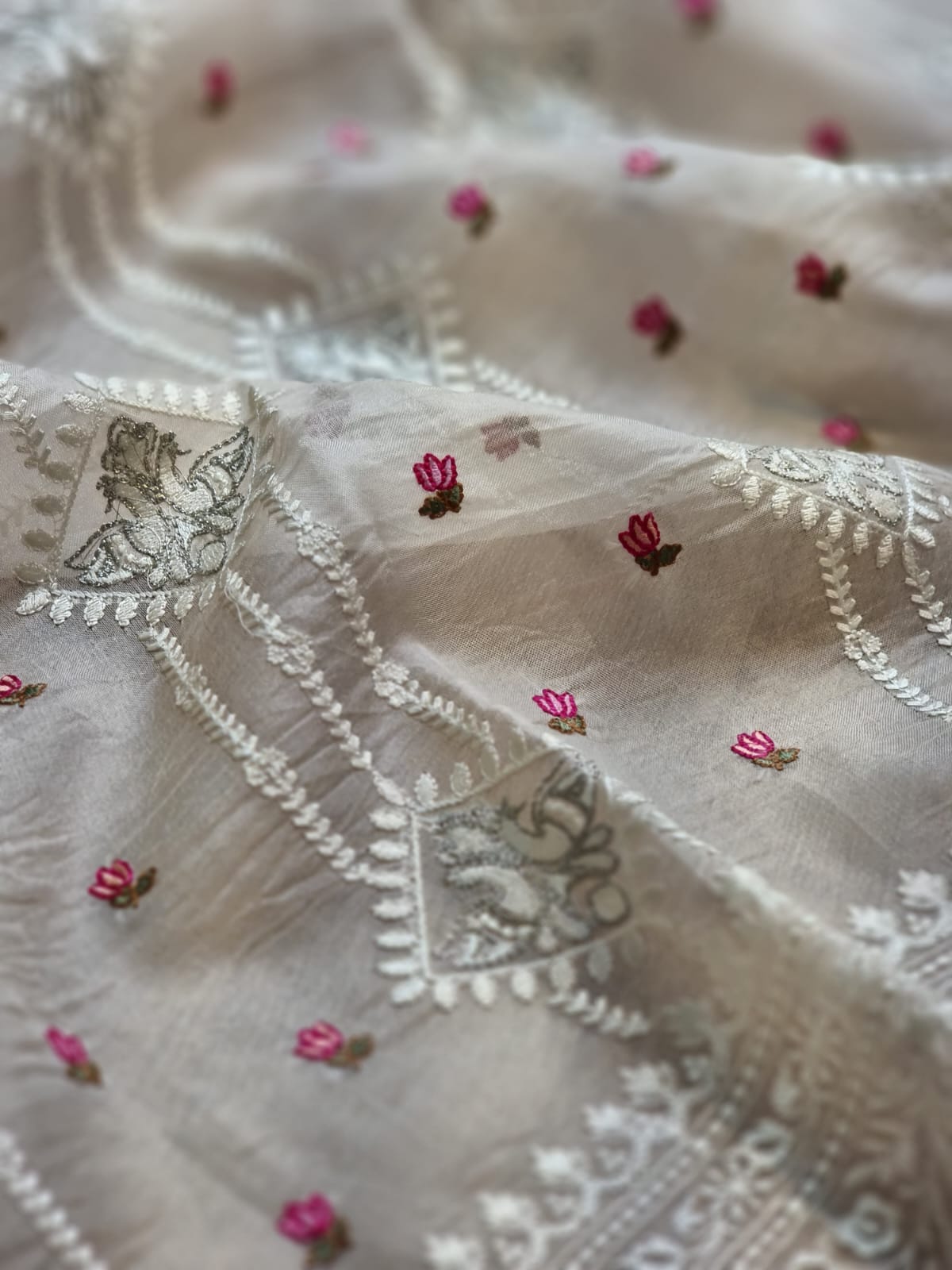 Embroidered white organza silk sarees - Saffronfashionindia
