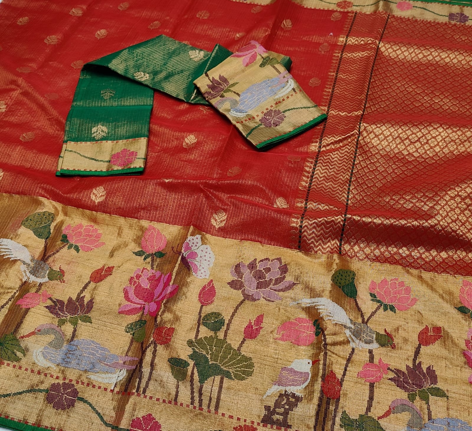 Red tissue zari kota Indian saree - Saffronfashionindia