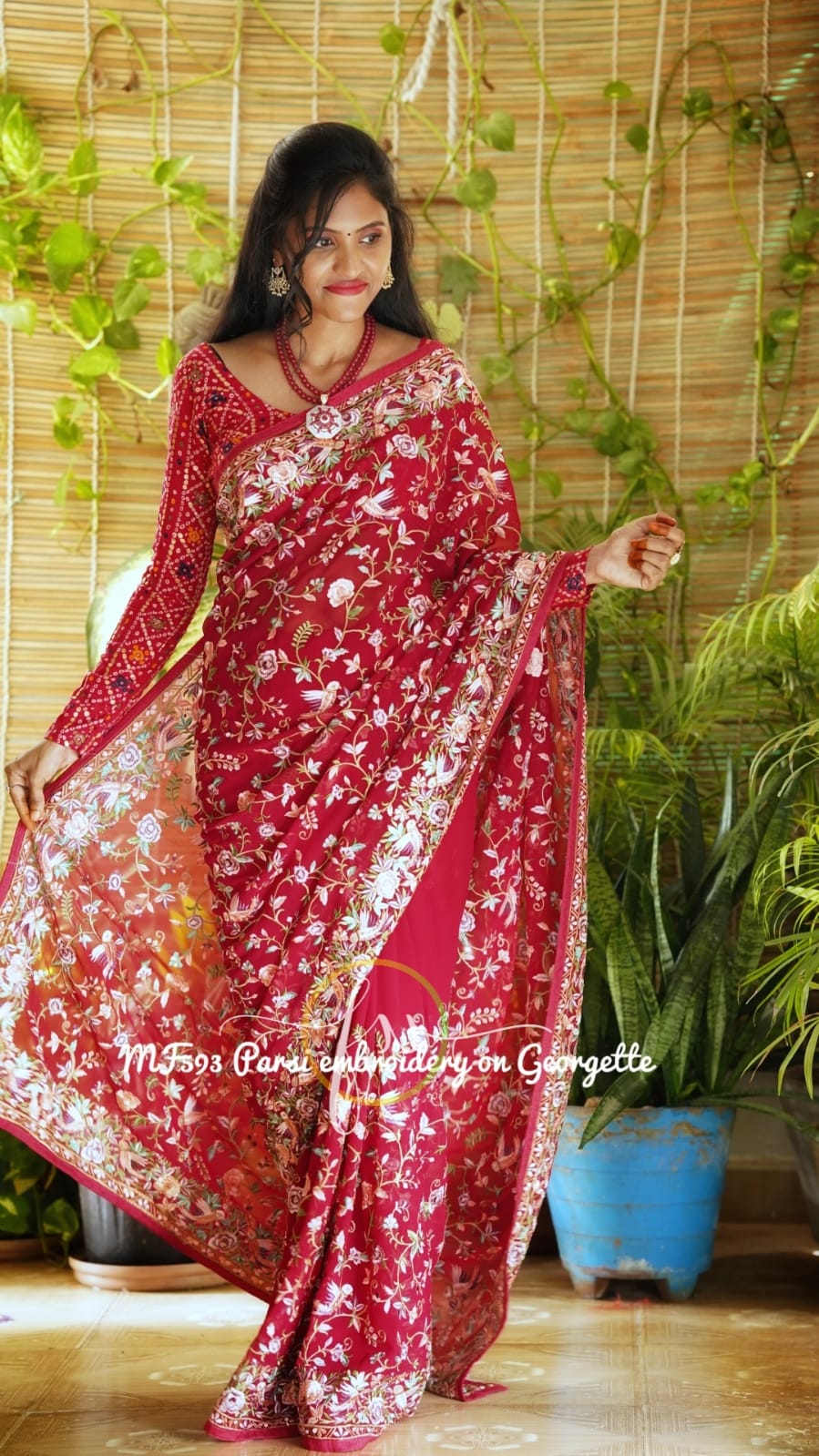 Leela red Parsi inspired saree - Saffronfashionindia