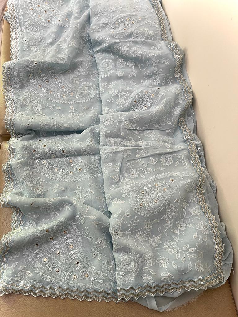 Kiara Kashmiri inspired gorgette saree Chikankari saree women sari blouse - Saffronfashionindia