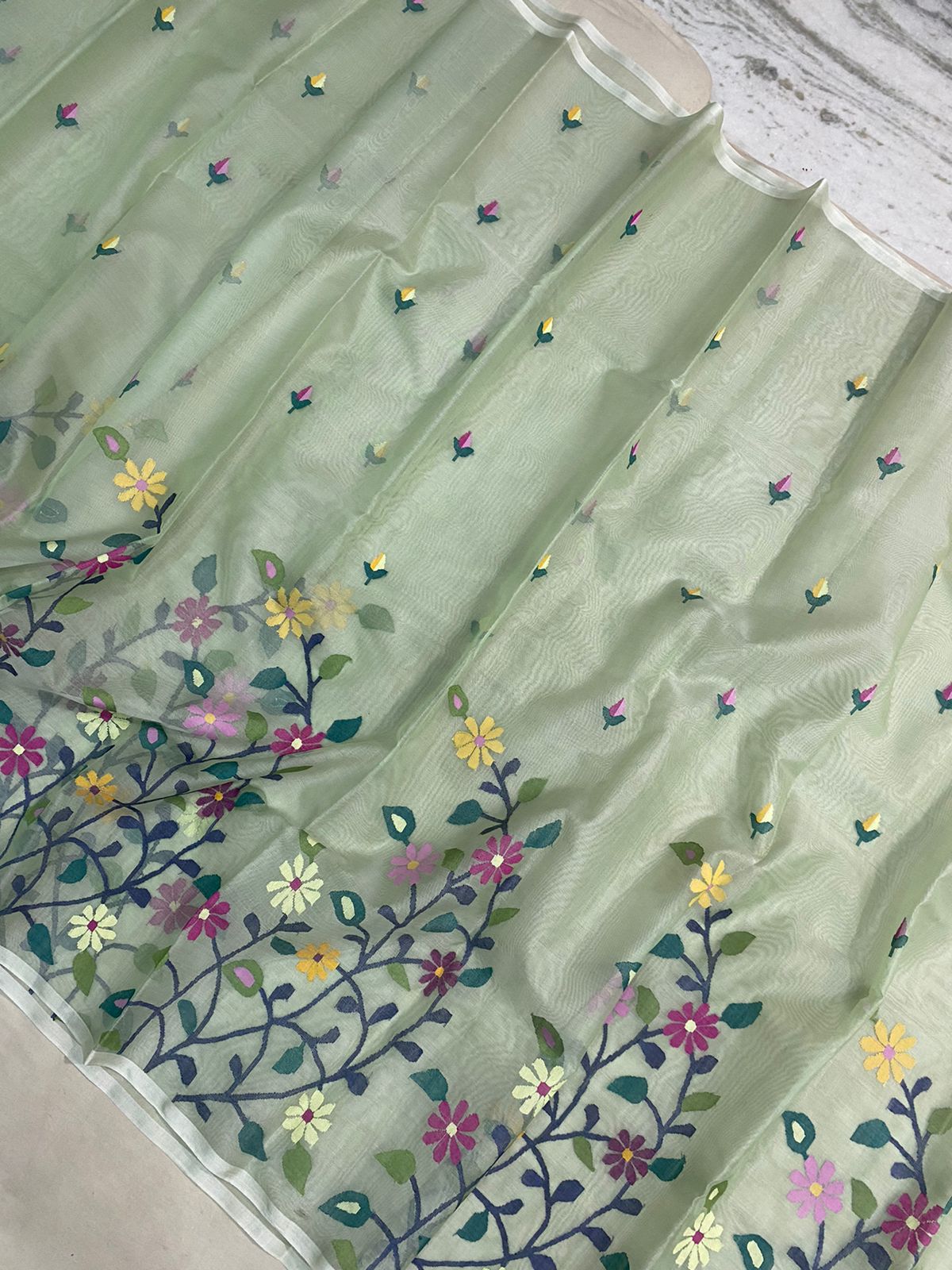 Mint tantuj jamdani sari - Saffronfashionindia