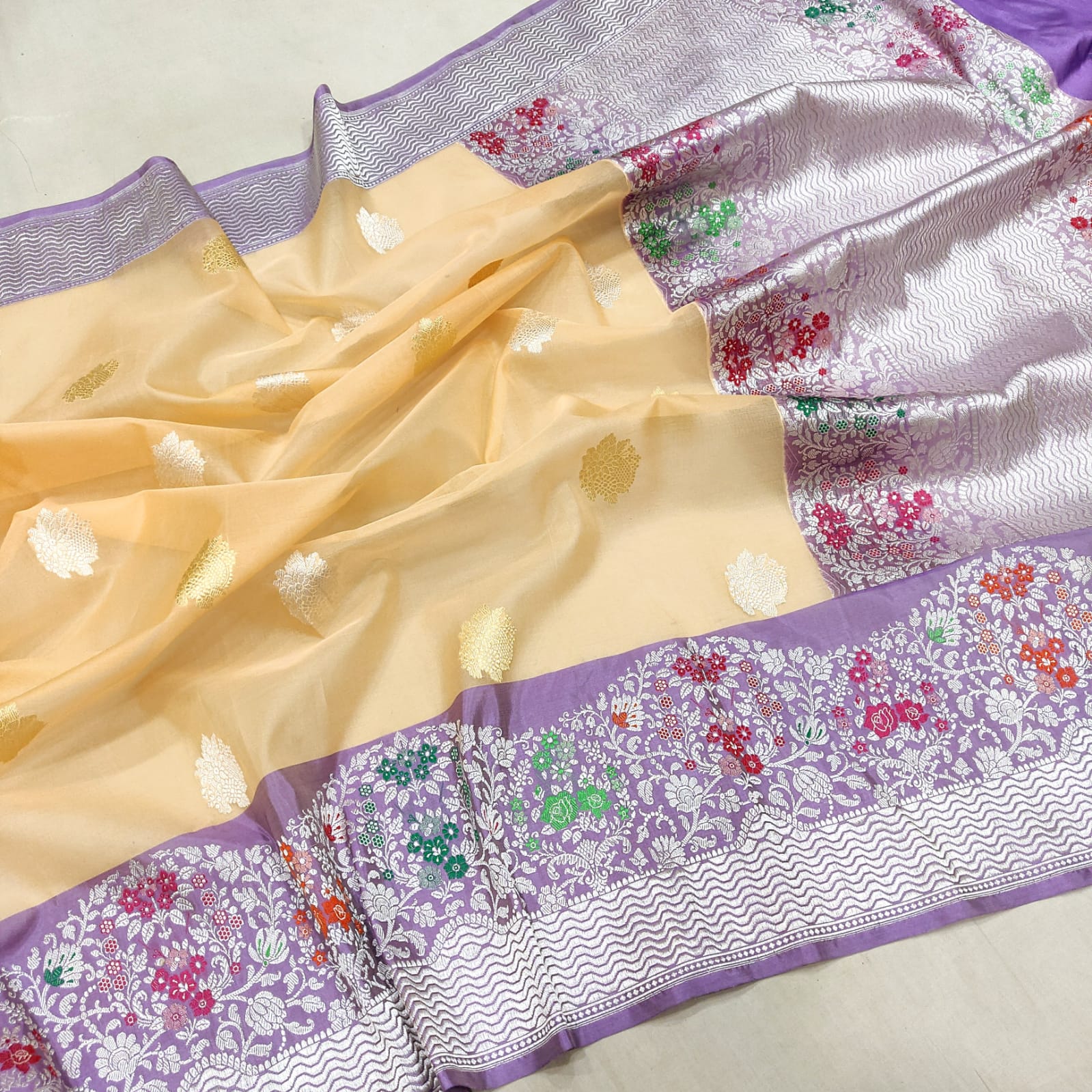 Rajwara handwoven kora Katan saree - Saffronfashionindia