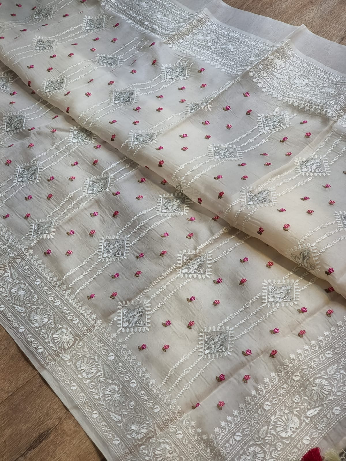 Embroidered white organza silk sarees - Saffronfashionindia
