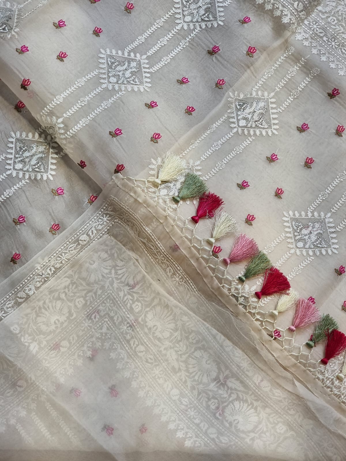 Embroidered white organza silk sarees - Saffronfashionindia