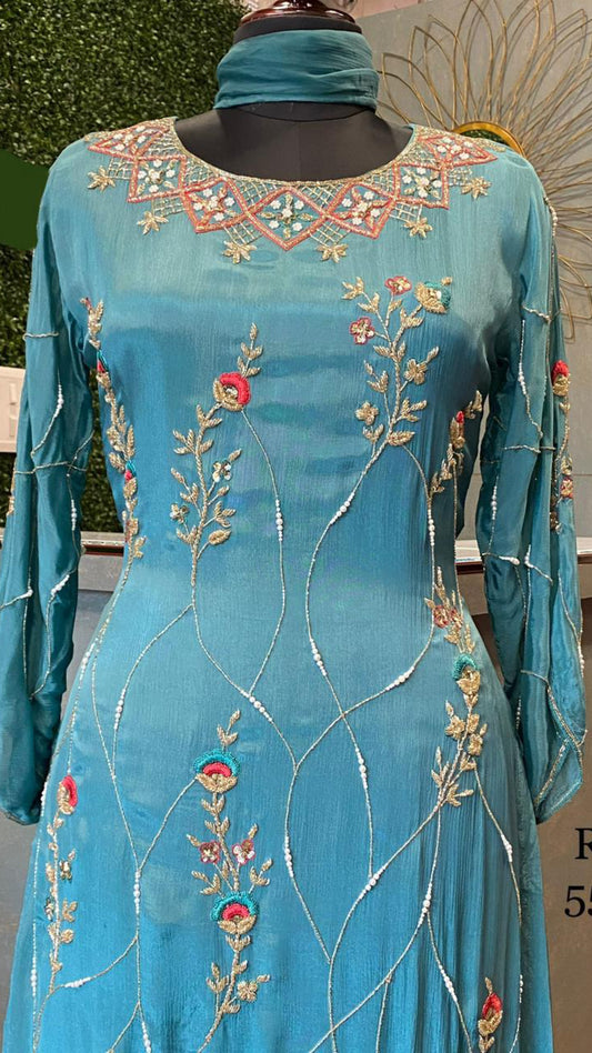 Shantani blue chinon kurta dress - Saffronfashionindia