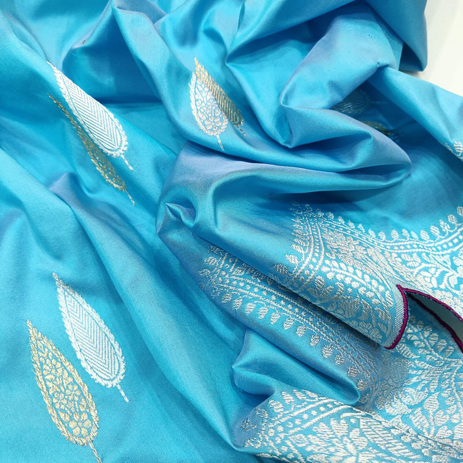 Firoza blue Katan silk sares - Saffronfashionindia