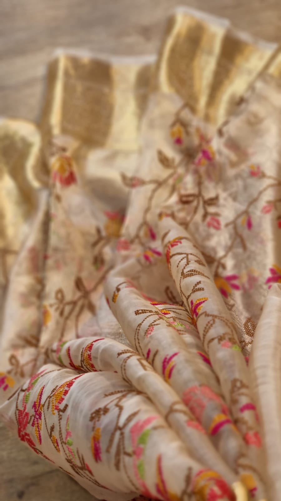 Embroidered tissue silk organza sari - Saffronfashionindia