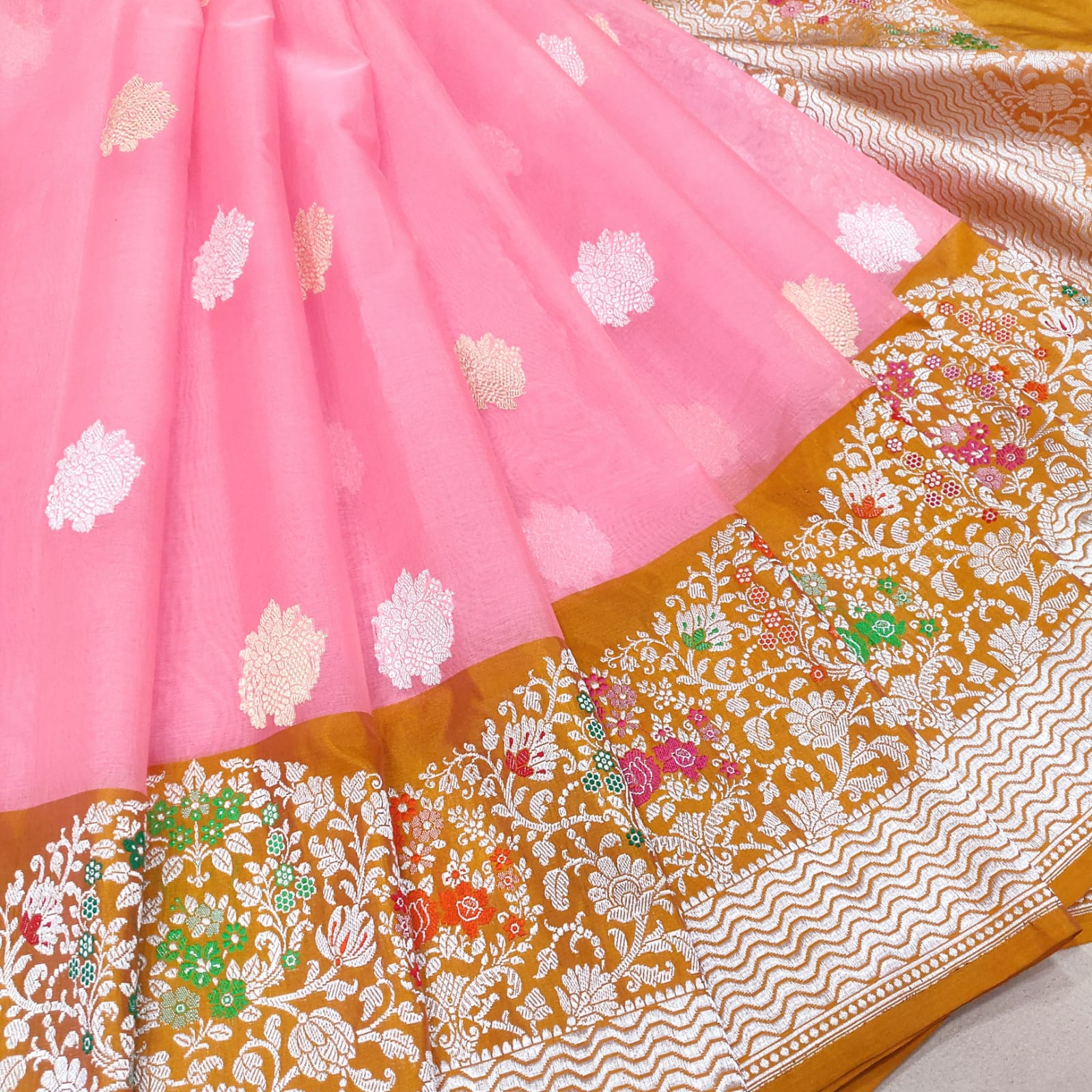 Pink kora handwoven kadwa saree - Saffronfashionindia