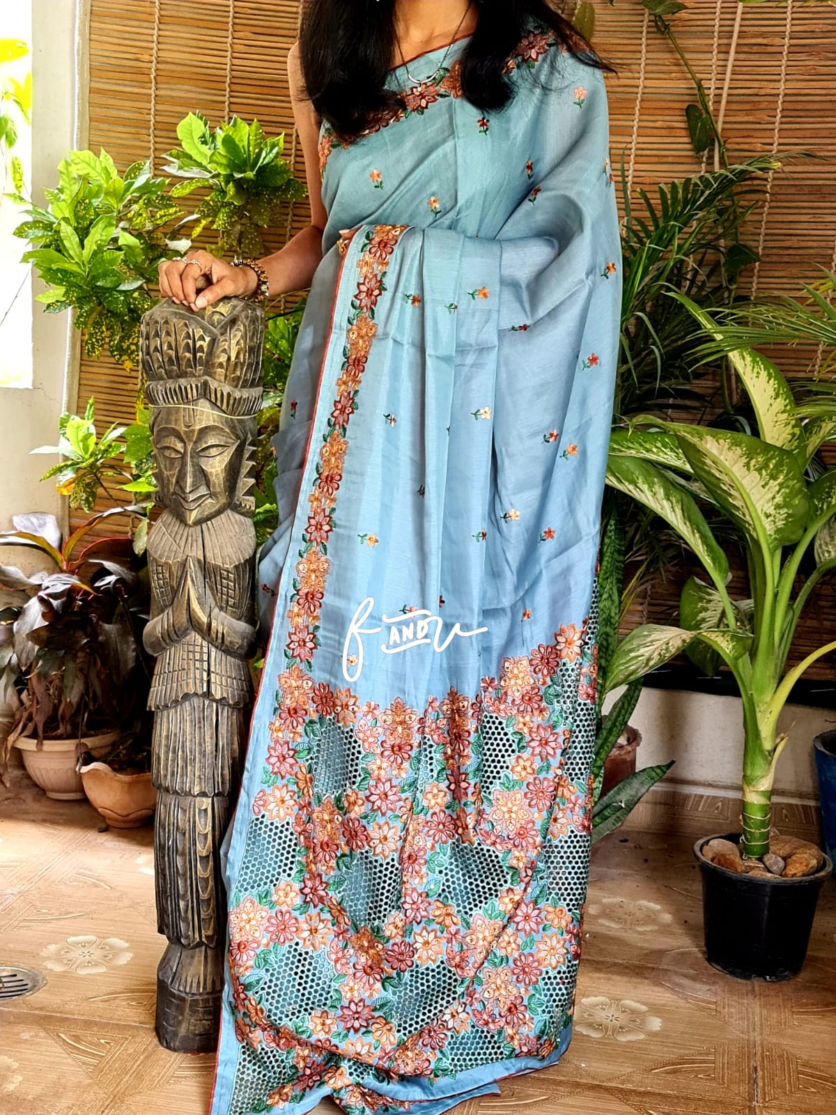 Cutwork inspired saree tussar silk sari - Saffronfashionindia