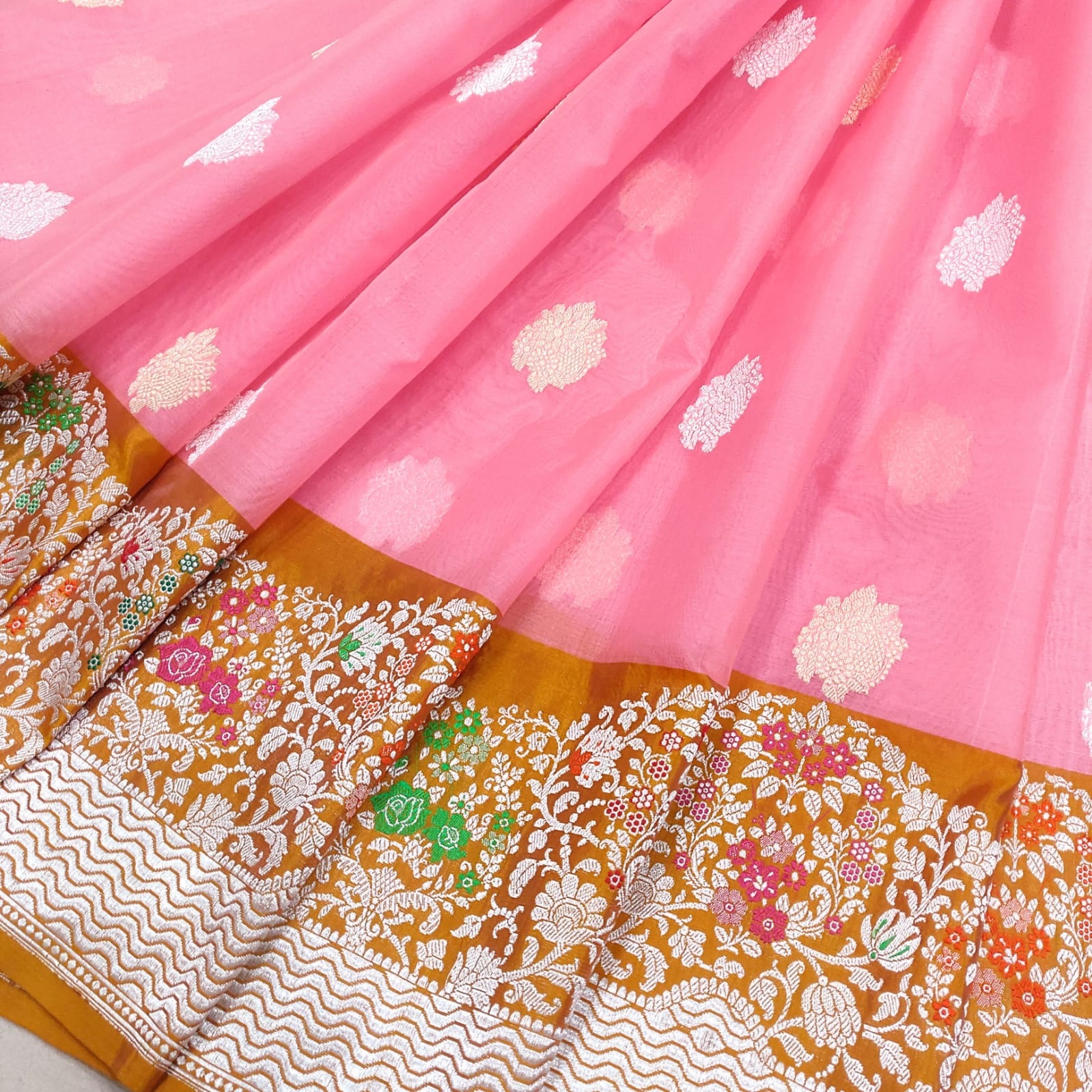 Pink kora handwoven kadwa saree - Saffronfashionindia
