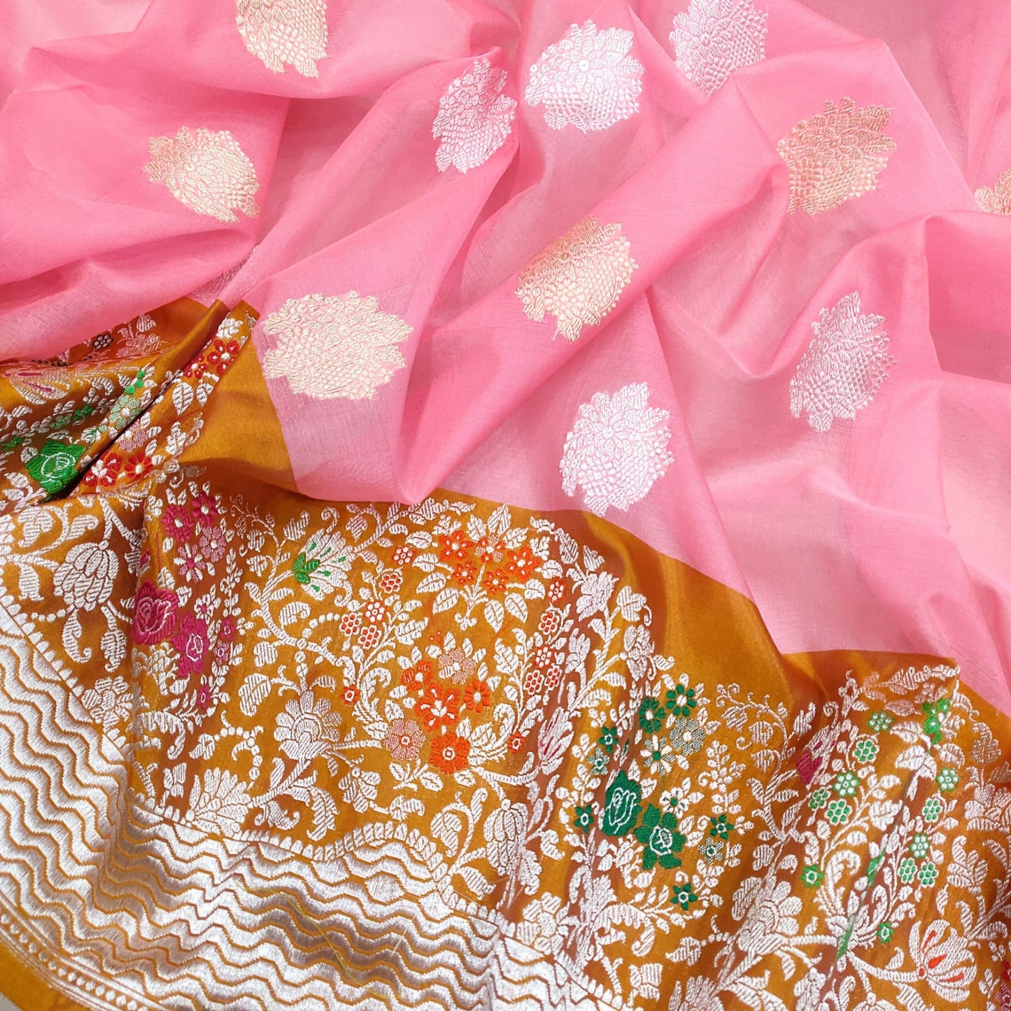 Pink kora handwoven kadwa saree - Saffronfashionindia