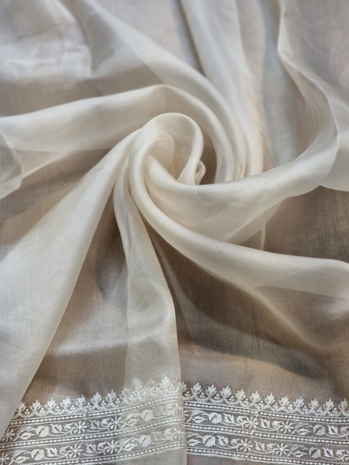 Embroidered white organza silk sarees - Saffronfashionindia
