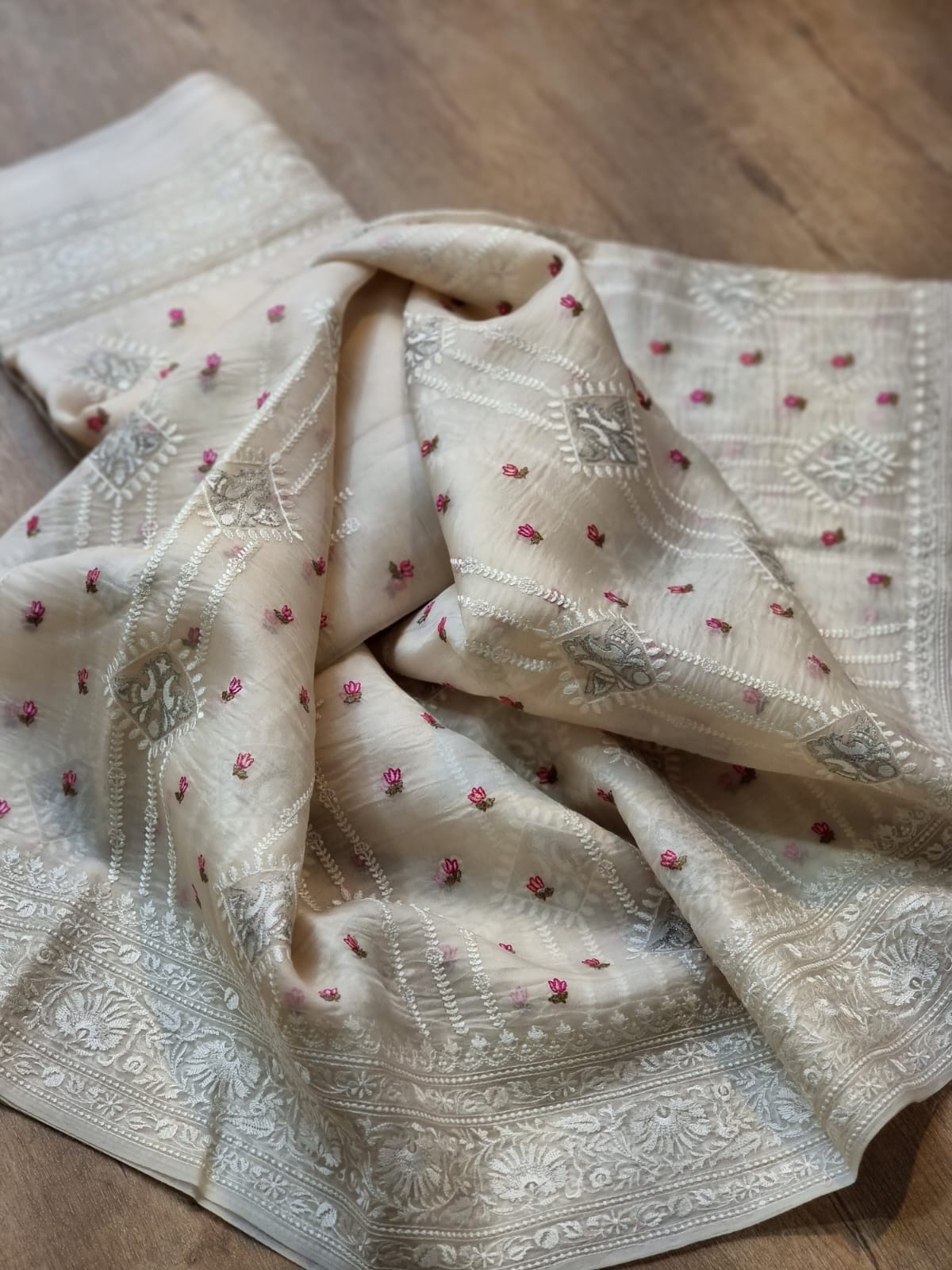 Embroidered white organza silk sarees - Saffronfashionindia