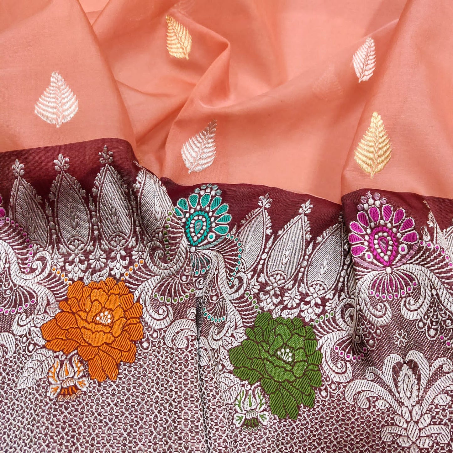 Peachy peach kora handwoven sarees - Saffronfashionindia