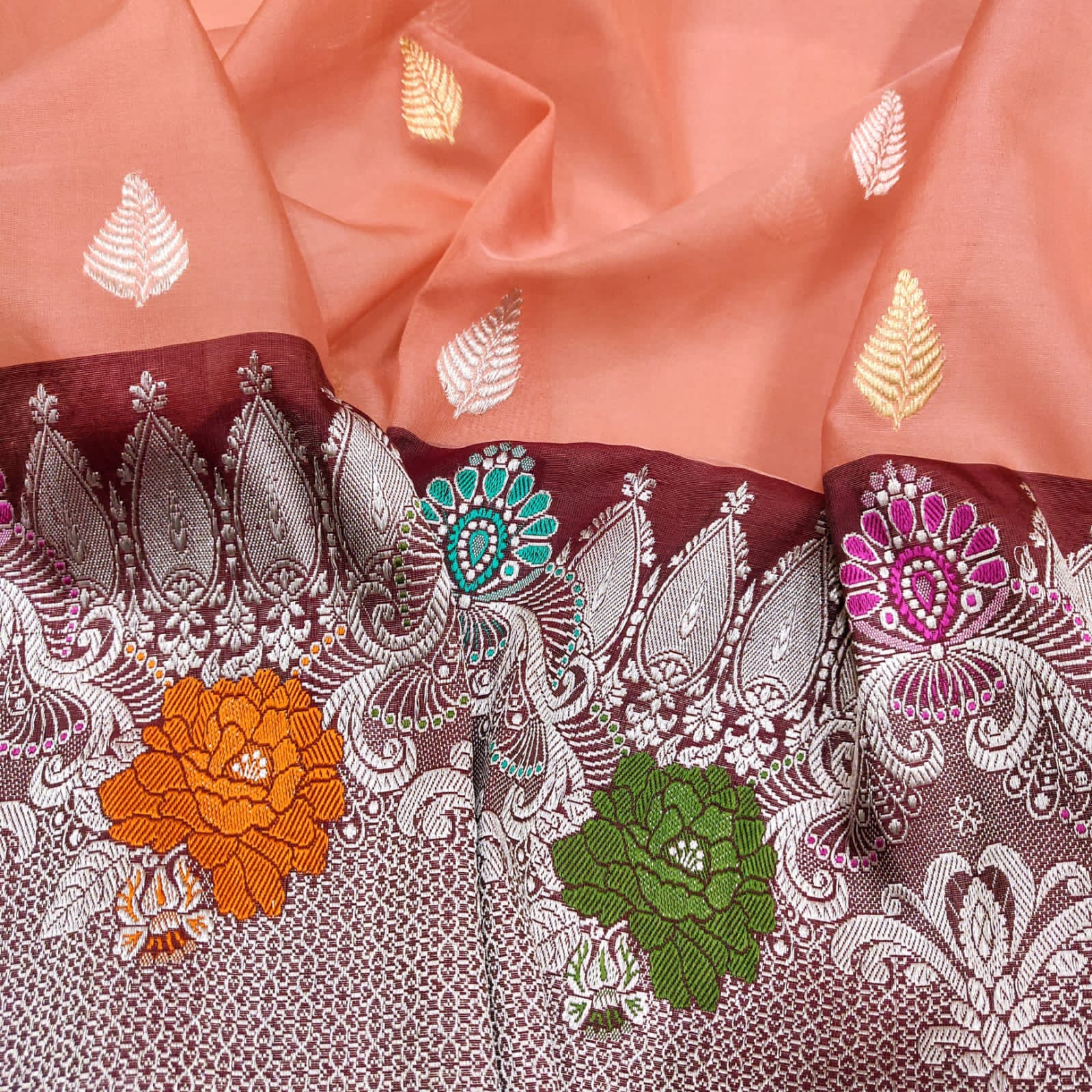 Peachy peach kora handwoven sarees - Saffronfashionindia