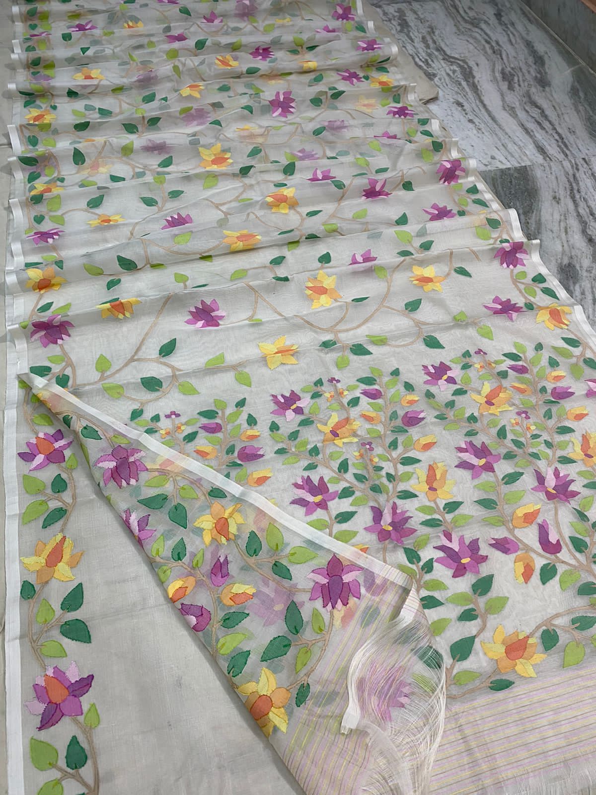 Humisha muslin jamdani handwoven saree - Saffronfashionindia