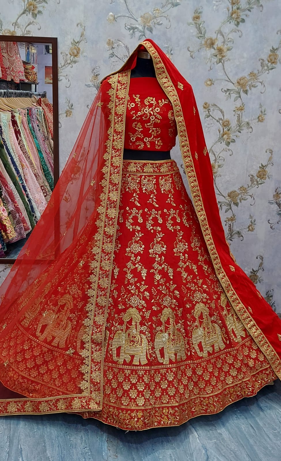 Red bridal velvet ethnic lehanga - Saffronfashionindia