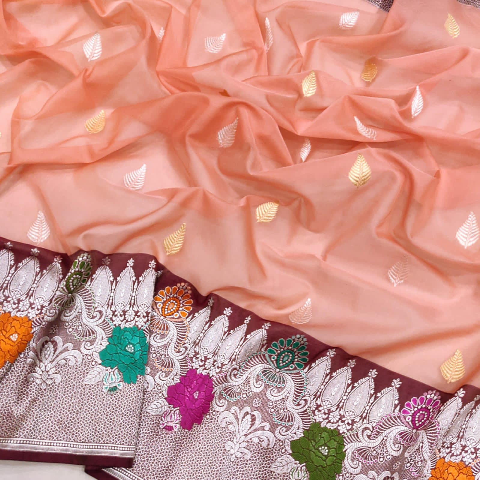 Peachy peach kora handwoven sarees - Saffronfashionindia