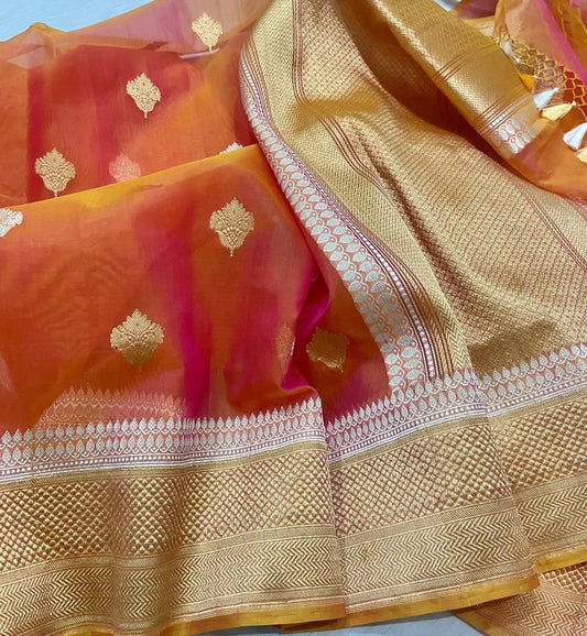 Labli Banarsi kora saree - Saffronfashionindia
