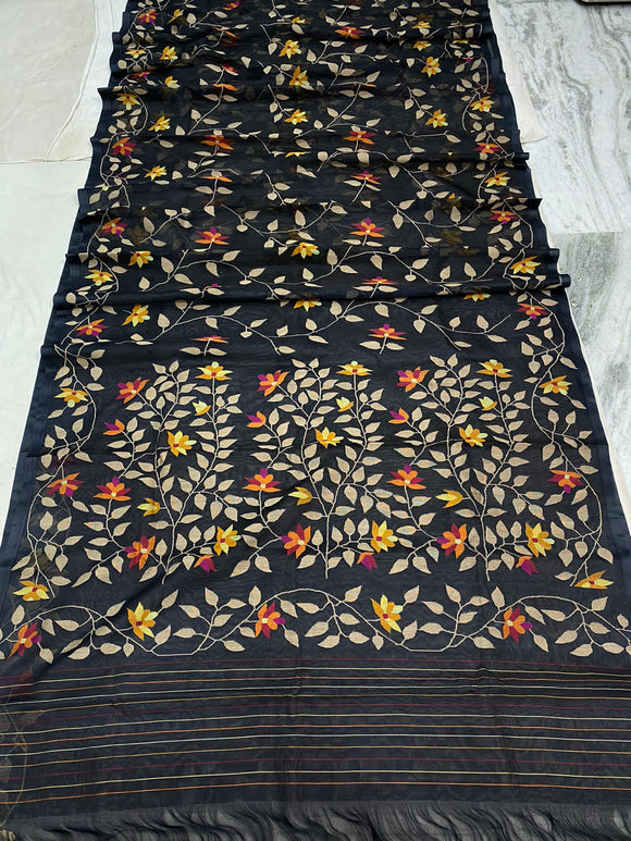 Muslin black tantuj jamdani saris