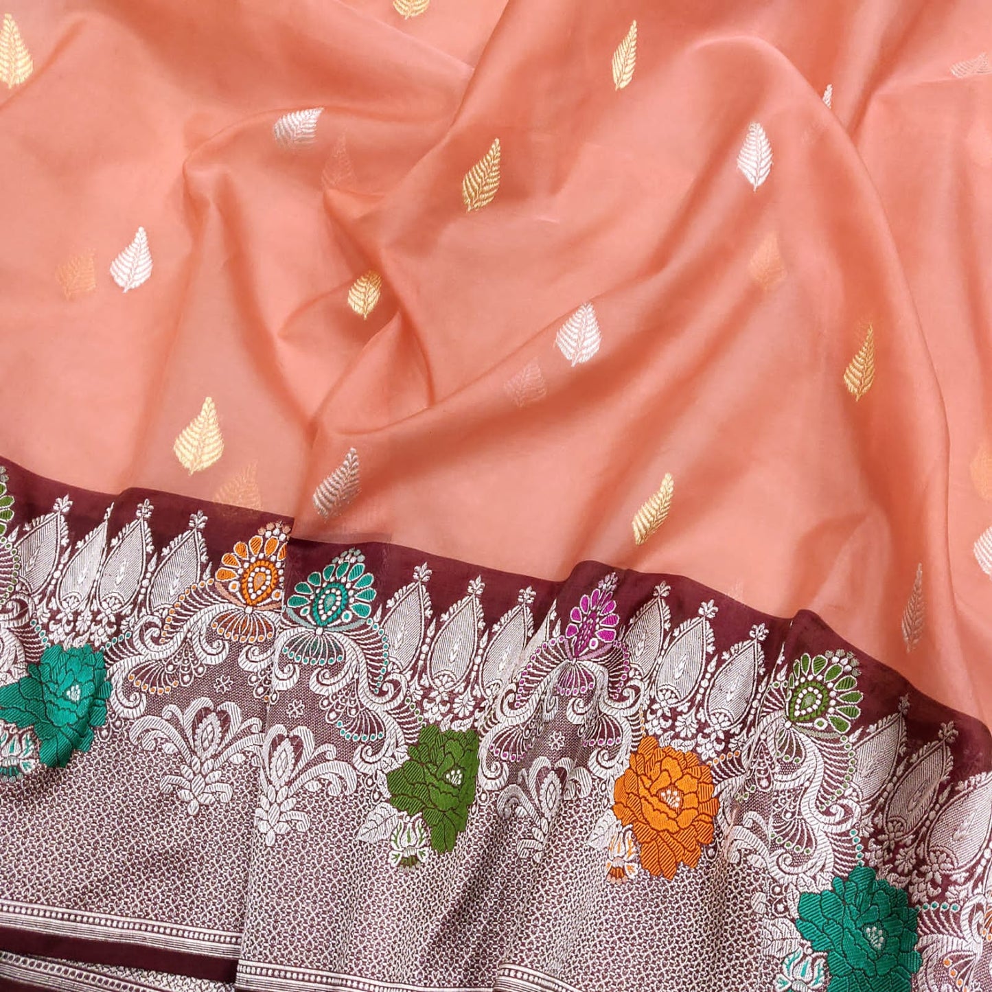 Peachy peach kora handwoven sarees - Saffronfashionindia